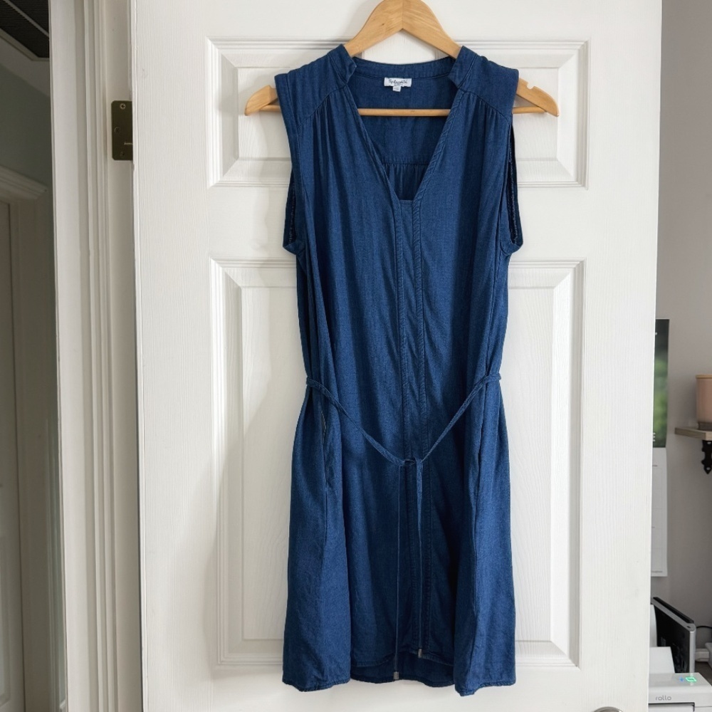 Splendid Willow Dress Tie Waist Dress Sleeveless Dark Washed Navy Blue V Neck - Picture 3 of 15